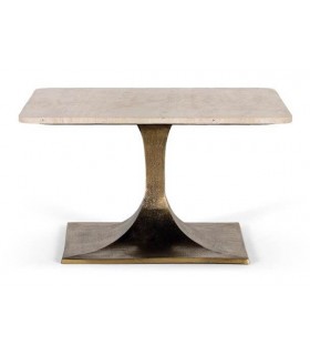 MESA DE CENTRO CUADRADA PEQUEÑA METAL ORO VIEJO MARMOL TRAVERTINO