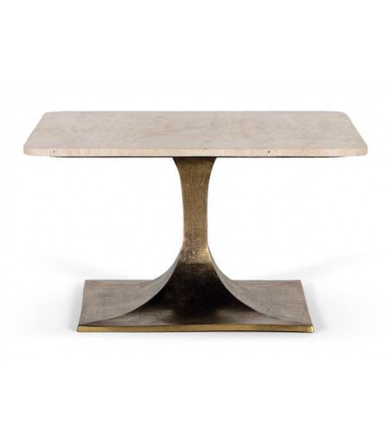 MESA DE CENTRO CUADRADA PEQUEÑA METAL ORO VIEJO MARMOL TRAVERTINO