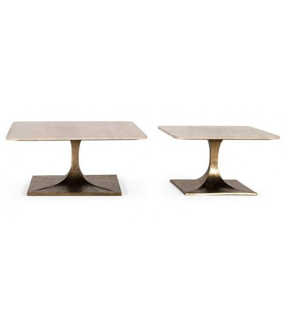 MESA DE CENTRO CUADRADA PEQUEÑA METAL ORO VIEJO MARMOL TRAVERTINO