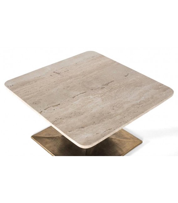 MESA DE CENTRO CUADRADA PEQUEÑA METAL ORO VIEJO MARMOL TRAVERTINO