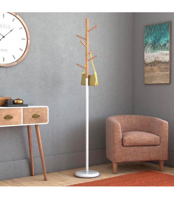 PERCHERO DE PIE ESTILO NORDICO METAL BLANCO MADERA NATURAL