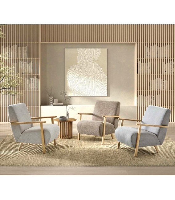 BUTACA COMODA TAPIZADA GRIS PATAS MADERA NATURAL ESTILO NORDICO