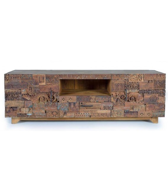 MUEBLE DE TV GRANDE ESTILO ETNICO MADERA MANGO TALLADA NATURAL