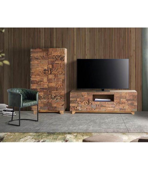 MUEBLE DE TV GRANDE ESTILO ETNICO MADERA MANGO TALLADA NATURAL