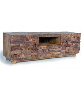 MUEBLE DE TV GRANDE ESTILO ETNICO MADERA MANGO TALLADA NATURAL