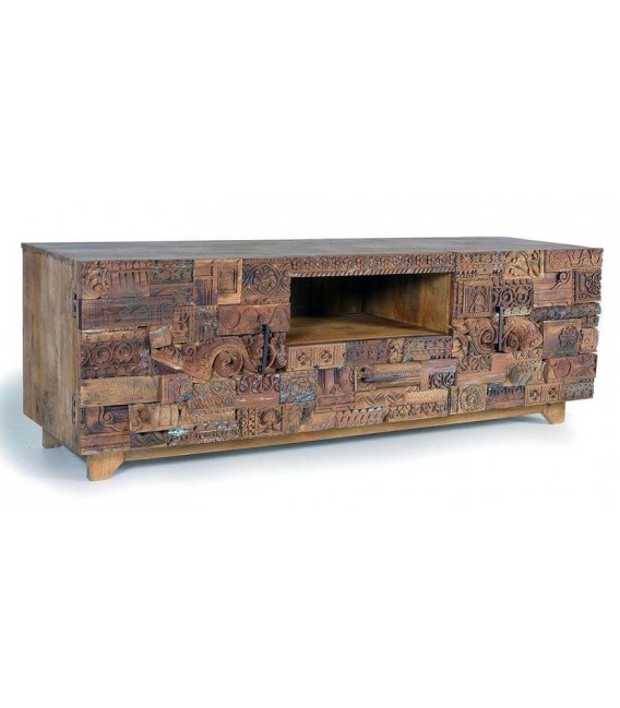 MUEBLE DE TV GRANDE ESTILO ETNICO MADERA MANGO TALLADA NATURAL