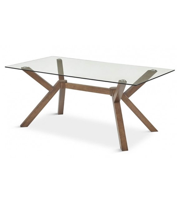 MESA DE COMEDOR RECTANGULAR MADERA TEÑIDA COLOR NOGAL Y CRISTAL