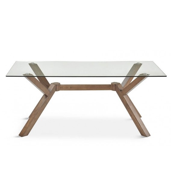MESA DE COMEDOR RECTANGULAR MADERA TEÑIDA COLOR NOGAL Y CRISTAL