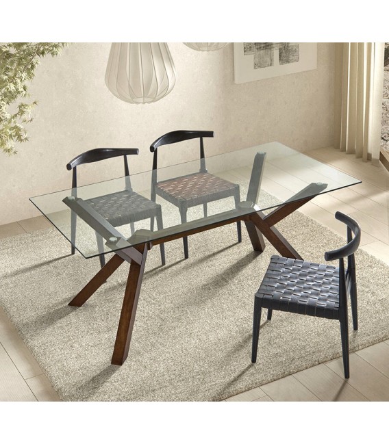 MESA DE COMEDOR RECTANGULAR MADERA TEÑIDA COLOR NOGAL Y CRISTAL