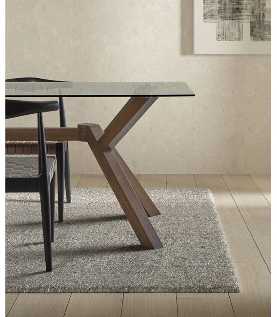 MESA DE COMEDOR RECTANGULAR MADERA TEÑIDA COLOR NOGAL Y CRISTAL