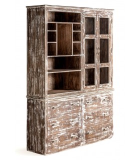 VITRINA COMBINADA GRANDE MADERA DE MANGO DECAPADA EN BLANCO