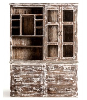 VITRINA COMBINADA GRANDE MADERA DE MANGO DECAPADA EN BLANCO