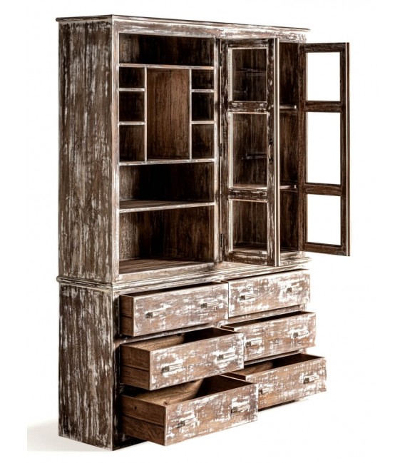 VITRINA COMBINADA GRANDE MADERA DE MANGO DECAPADA EN BLANCO