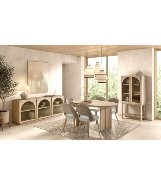 APARADOR GRANDE 3 PUERTAS MADERA NATURAL Y CRISTAL CORRUGADO