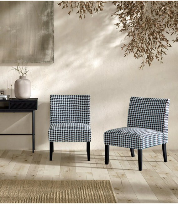 BUTACA DESCALZADORA COMODA TAPIZADO BLANCO Y NEGRO MADERA NEGRA