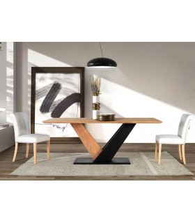 MESA DE COMEDOR RECTANGULAR GRANDE MADERA ACACIA NATURAL METAL NEGRO