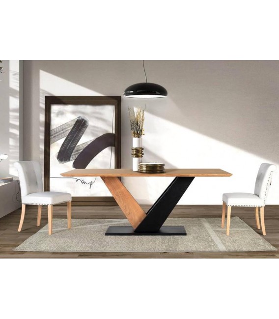 MESA DE COMEDOR RECTANGULAR GRANDE MADERA ACACIA NATURAL METAL NEGRO