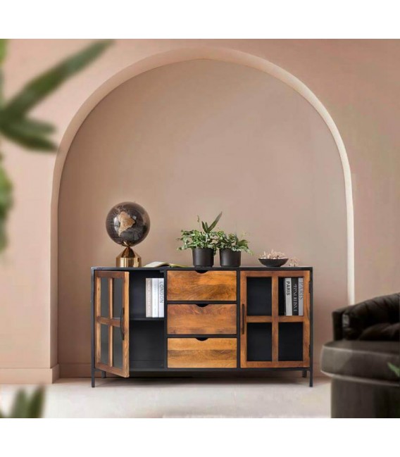APARADOR ESTILO INDUSTRIAL MADERA MANGO METAL NEGRO