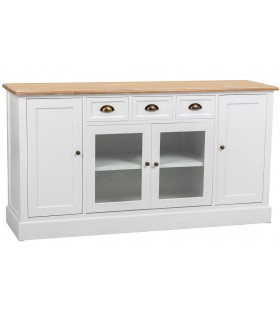 APARADOR CON VITRINA MADERA LACADA EN BLANCO Y NATURAL ESTILO RUSTICO