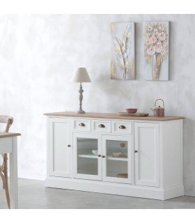 APARADOR CON VITRINA MADERA LACADA EN BLANCO Y NATURAL ESTILO RUSTICO