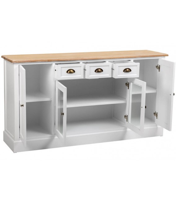 APARADOR CON VITRINA MADERA LACADA EN BLANCO Y NATURAL ESTILO RUSTICO