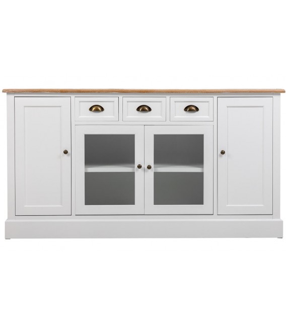 APARADOR CON VITRINA MADERA LACADA EN BLANCO Y NATURAL ESTILO RUSTICO