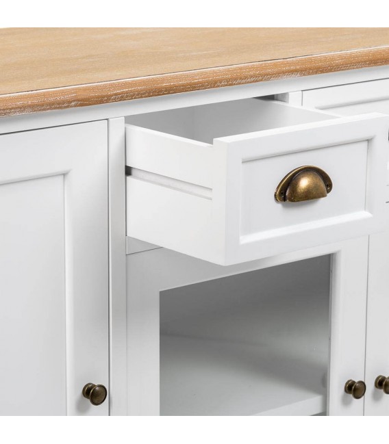 APARADOR CON VITRINA MADERA LACADA EN BLANCO Y NATURAL ESTILO RUSTICO