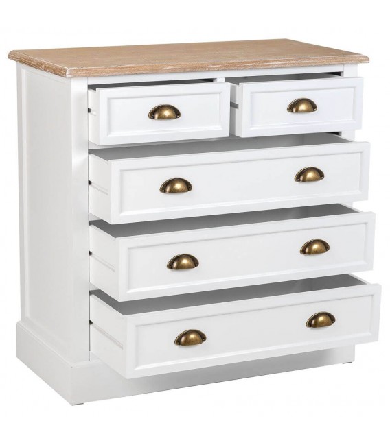 COMODA 5 CAJONES ESTILO RUSTICO MADERA NATURAL Y BLANCO