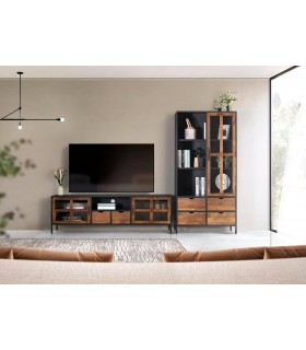 MUEBLE DE TV GRANDE ESTILO INDUSTRIAL  MADERA MANGO METAL NEGRO