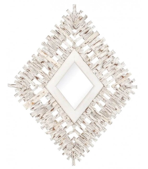 ESPEJO FORMA DE ROMBO MADERA DE TECA DECAPADA EN BLANCO MDMHOGAR