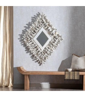 ESPEJO FORMA DE ROMBO MADERA DE TECA DECAPADA EN BLANCO MDMHOGAR