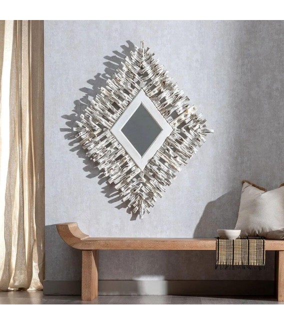 ESPEJO FORMA DE ROMBO MADERA DE TECA DECAPADA EN BLANCO MDMHOGAR