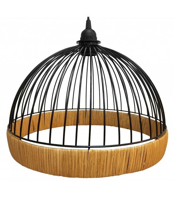 LAMPARA DE TECHO CAMPANA METAL NEGRO RATAN NATURAL