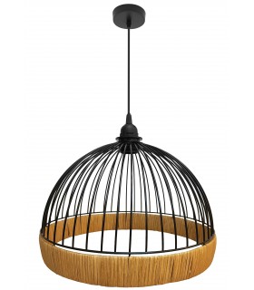 LAMPARA DE TECHO CAMPANA METAL NEGRO RATAN NATURAL