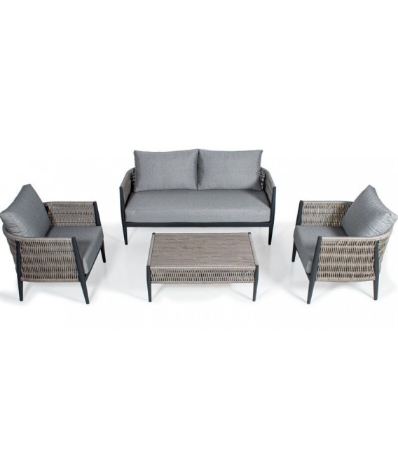 SET EXTERIOR SOFA 2 SILLONES Y MESA DE CENTRO ALUMINIO Y MIMBRE