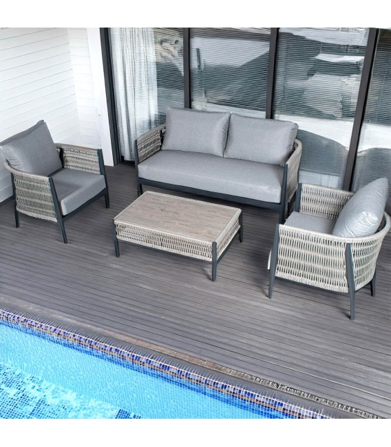 SET EXTERIOR SOFA 2 SILLONES Y MESA DE CENTRO ALUMINIO Y MIMBRE