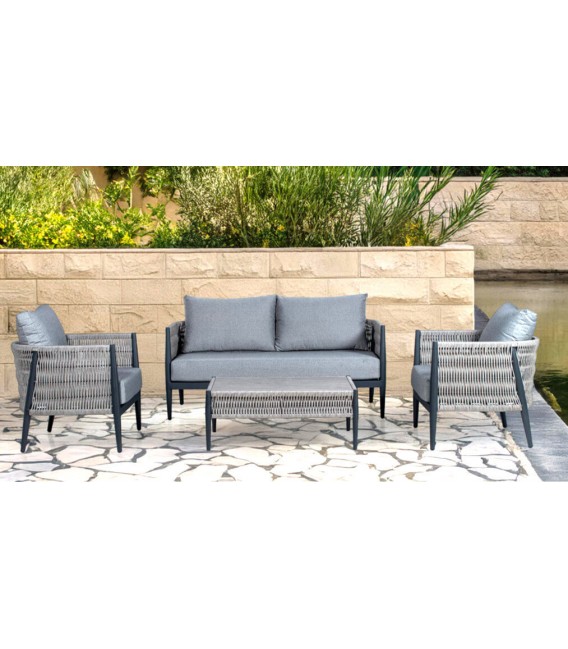 SET EXTERIOR SOFA 2 SILLONES Y MESA DE CENTRO ALUMINIO Y MIMBRE