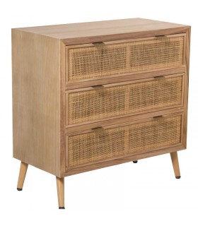 COMODA PEQUEÑA 3 CAJONES MADERA Y RATAN NATURAL METAL DORADO
