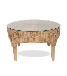 MESA DE CENTRO REDONDA PEQUEÑA RATAN NATURAL Y CRISTAL