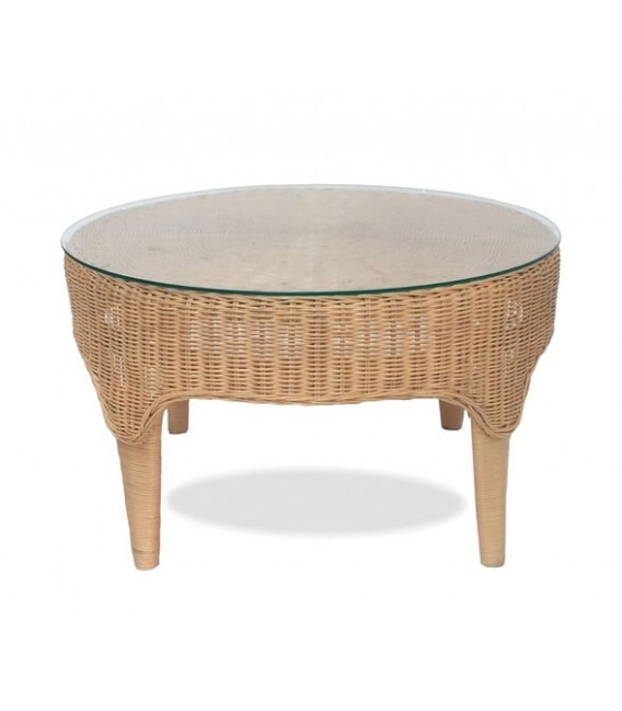 MESA DE CENTRO REDONDA PEQUEÑA RATAN NATURAL Y CRISTAL