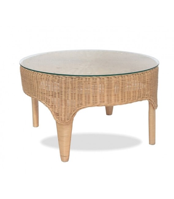 MESA DE CENTRO REDONDA PEQUEÑA RATAN NATURAL Y CRISTAL