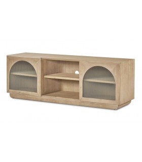 Mueble de TV con 2 puertas de cristal corrugado, madera mango natural