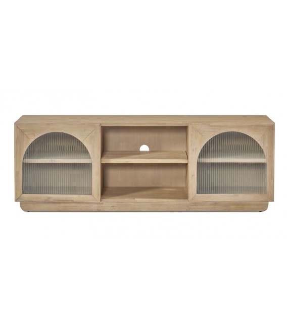 Mueble de TV con 2 puertas de cristal corrugado, madera mango natural