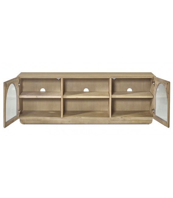 Mueble de TV con 2 puertas de cristal corrugado, madera mango natural