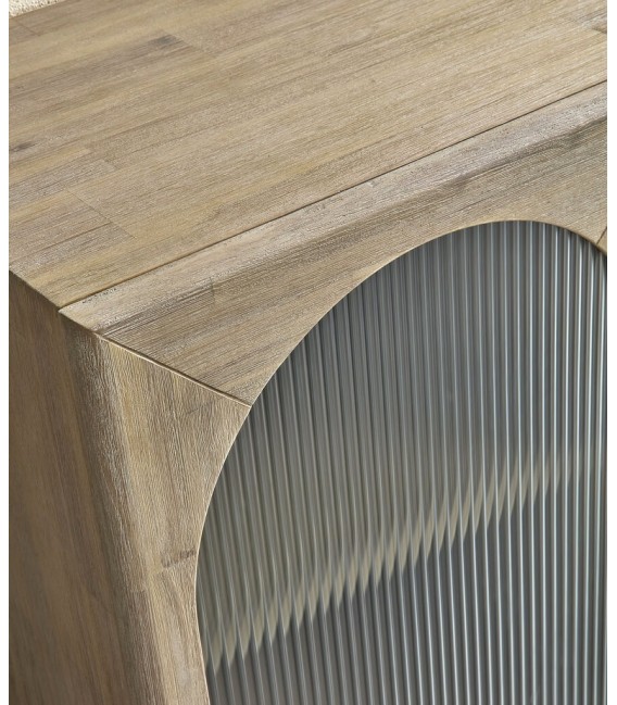 Mueble de TV con 2 puertas de cristal corrugado, madera mango natural
