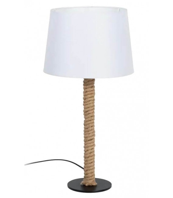 Lampara de sobremesa grande metal negro yute natural y textil blanco