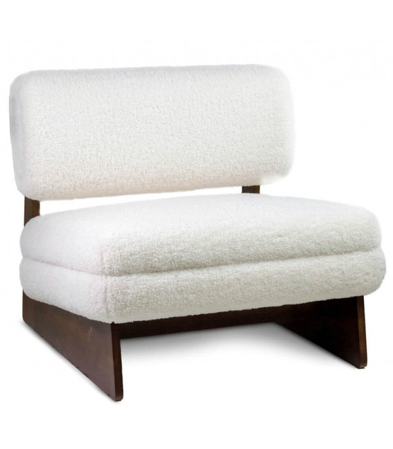 Sillón cómodo tela bouclé real de lana blanca, base en madera de teca