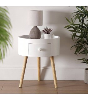 Práctica y bonita mesita auxiliar redonda de estilo nórdico un cajón