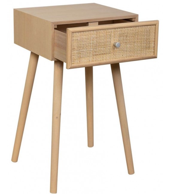 Mesita de noche pequeña con 1 cajón madera y ratán