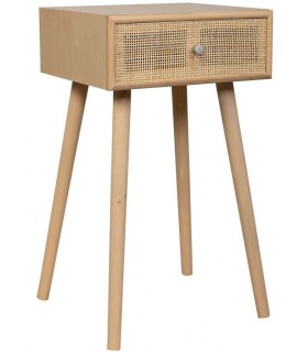 Mesita de noche pequeña con 1 cajón madera y ratán